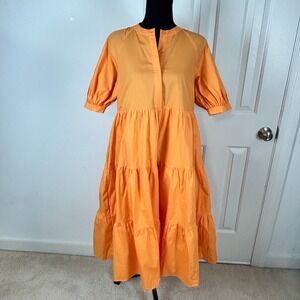 ENGLISH FACTORY Orange Puff Sleeve Tiered Midi Dress Size S New